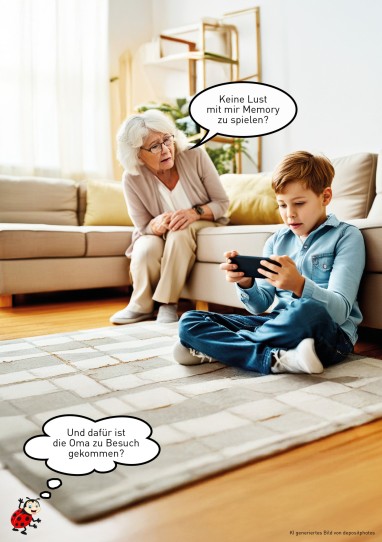 Junge spielt lieber am Handy anstatt mit der Oma